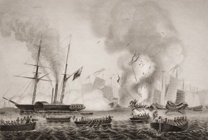 Le vapeur Nemesis de la Compagnie des Indes orientales et les bateaux du Sulpher, Calliope, Larne et Starling détruisant les jonques de guerre chinoises dans la baie d